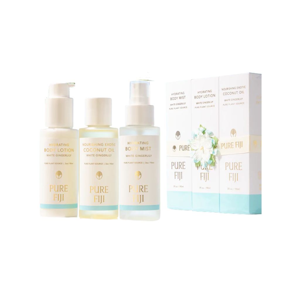 Set of Pure Fiji skincare products including bottles and a box on a white background