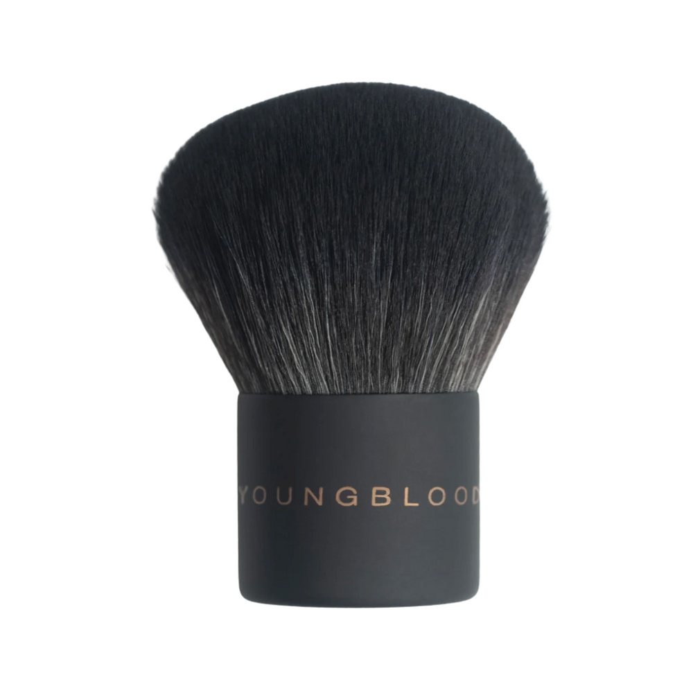 A Luxe Kabuki Brush with a black handle and dome-shaped black bristles, branded with 'YOUNGBLOOD'.