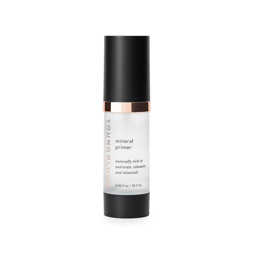A bottle of Youngblood mineral primer, which is a colourless, light-weight silky formula designed to extend the wear of makeup.