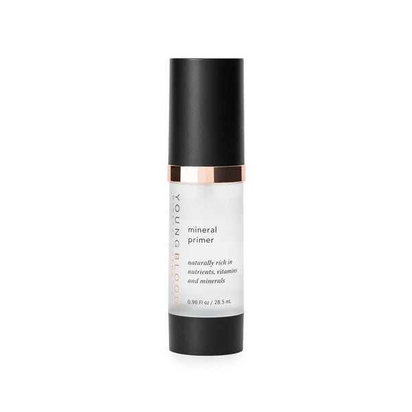 A bottle of Youngblood mineral primer, which is a colourless, light-weight silky formula designed to extend the wear of makeup.